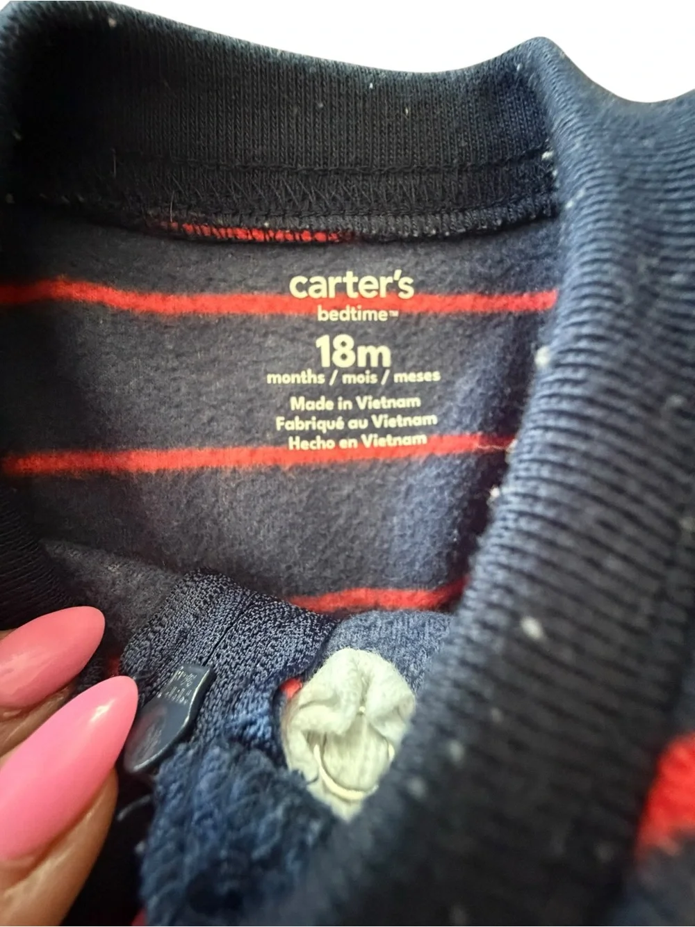Carter’s Navy Blue Red Stripe Fleece Bear Footed Zip Sleeper Pajamas 18M